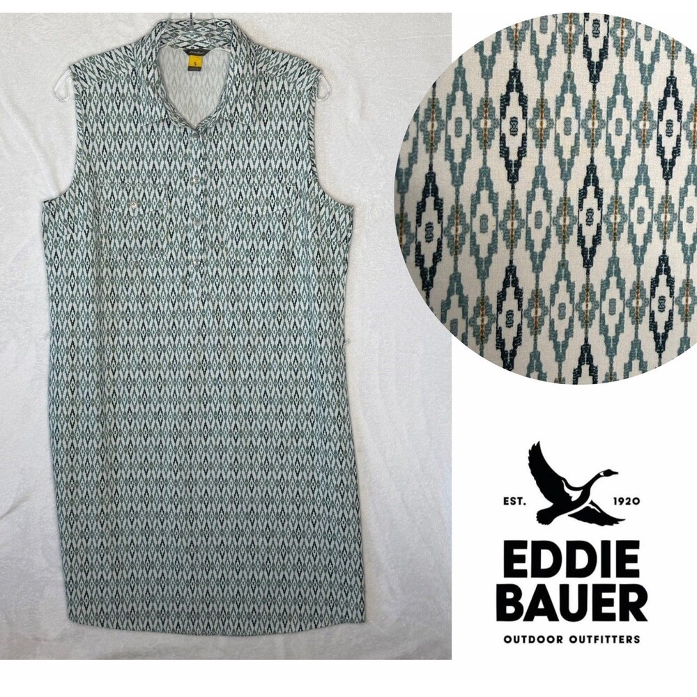 Eddie Bauer Departure Sleeveless Shirt Dress Sz Large White Green Aztec Stretch